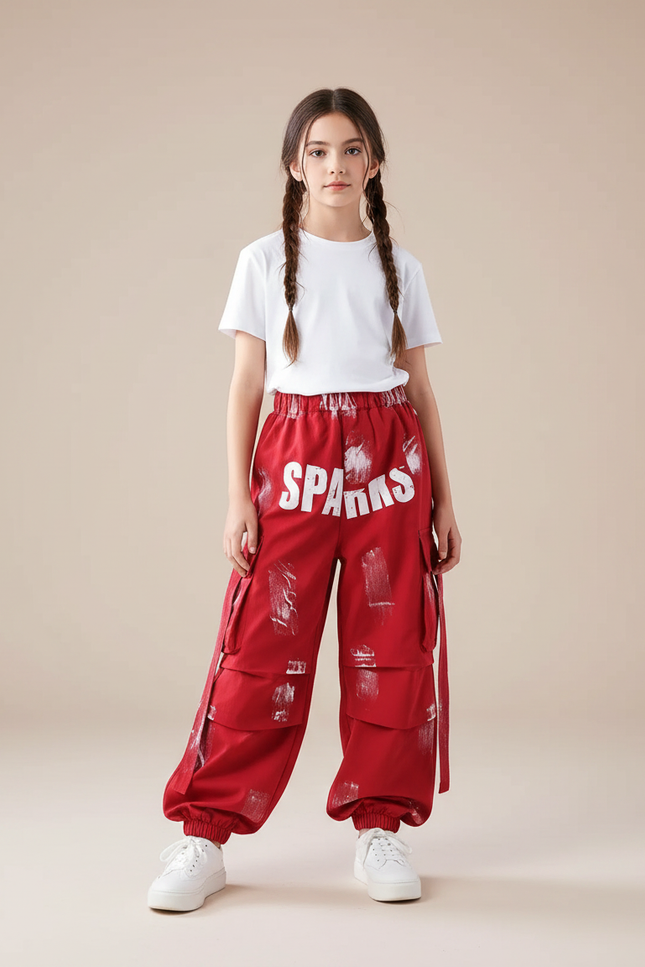 Pantalon Parachute Rouge Cargo Ample Imprimé Fille - Coton