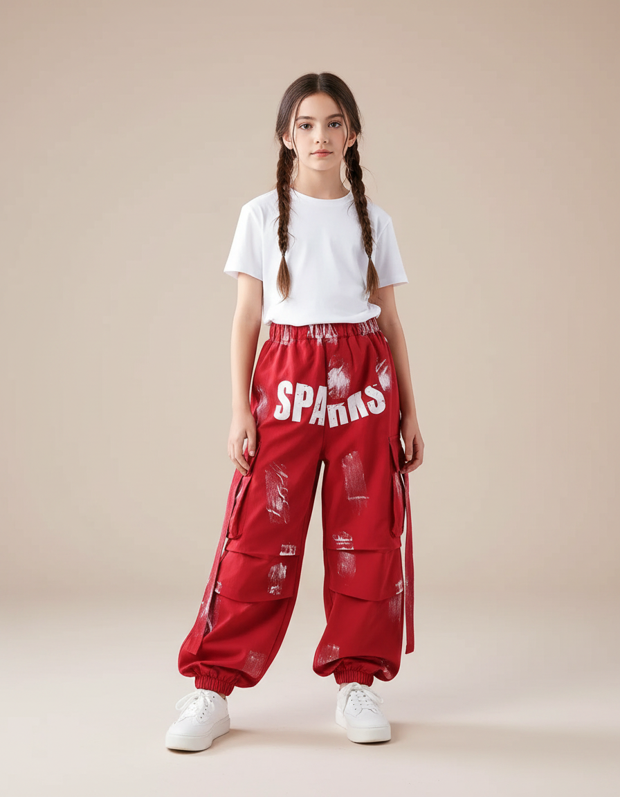 Pantalon Parachute Rouge Cargo Ample Imprimé Fille - Coton
