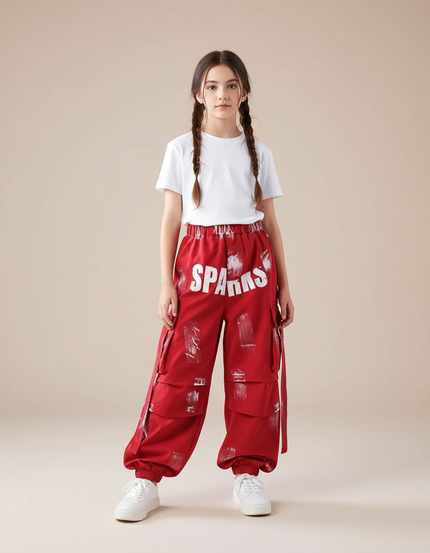 Pantalon Parachute Rouge Cargo Ample Imprimé Fille - Coton