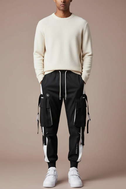 Pantalon Parachute Homme Noir Resserré Aux Chevilles - Polyester