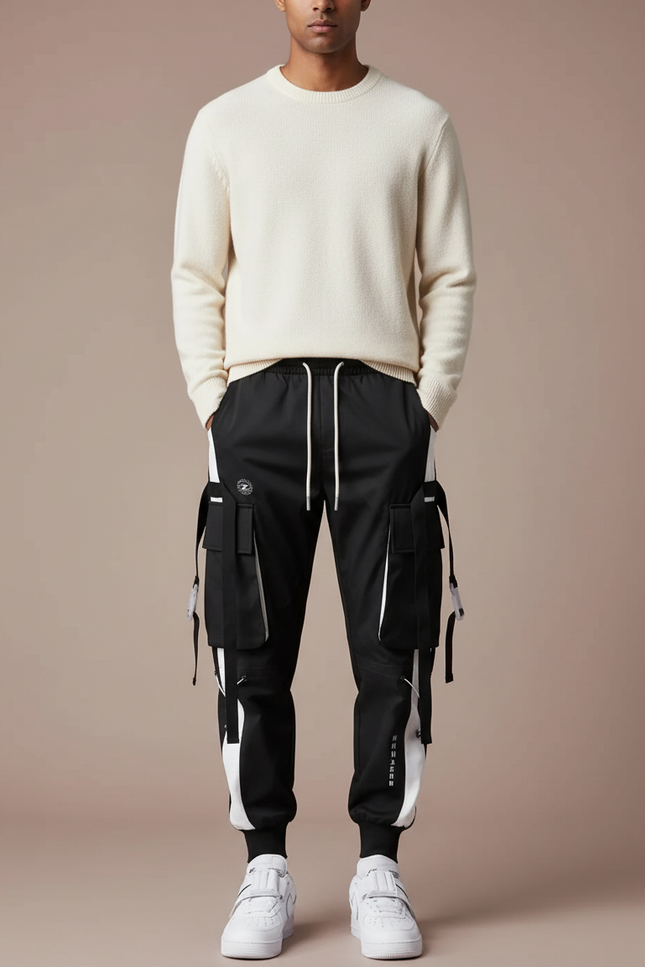 Pantalon Parachute Homme Noir Resserré Aux Chevilles - Polyester