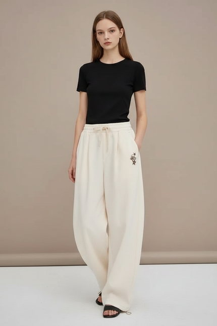 Pantalon Parachute Crème Ample Brodé Décontracté Fluide - Beige Molleton