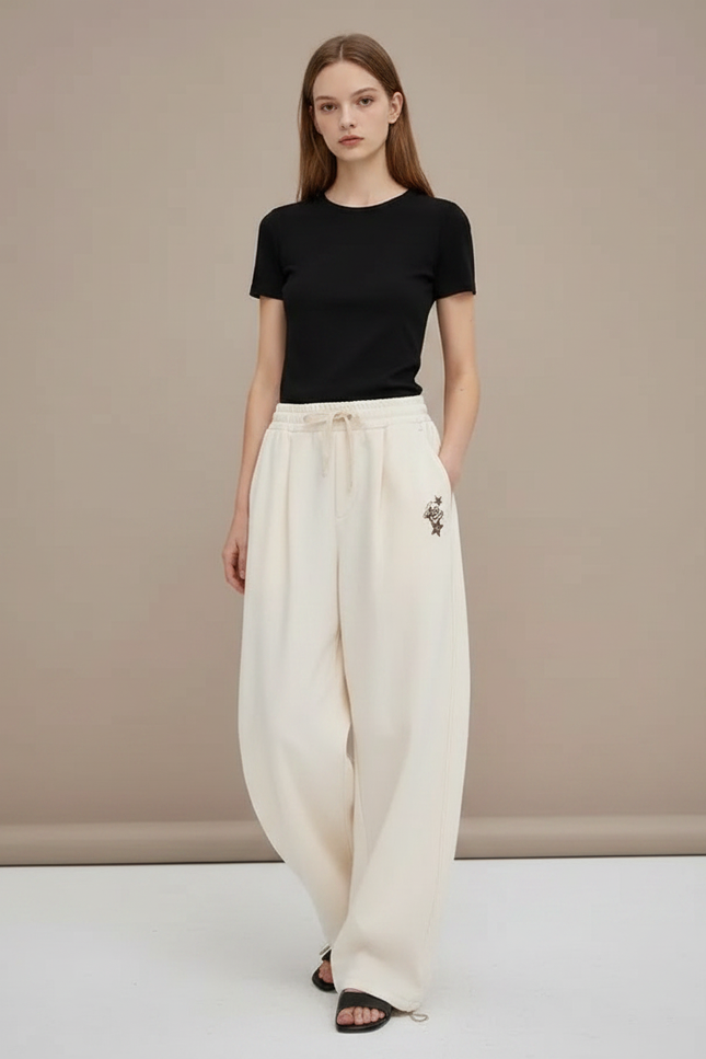 Pantalon Parachute Crème Ample Brodé Décontracté Fluide - Beige Molleton