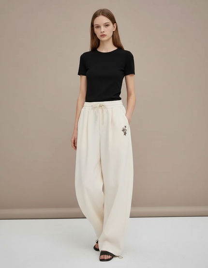 Pantalon Parachute Crème Ample Brodé Décontracté Fluide - Beige Molleton