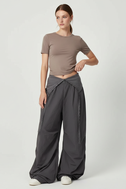 Pantalon Parachute Gris Ample Décontracté Plissé Taille Basse - Polyester