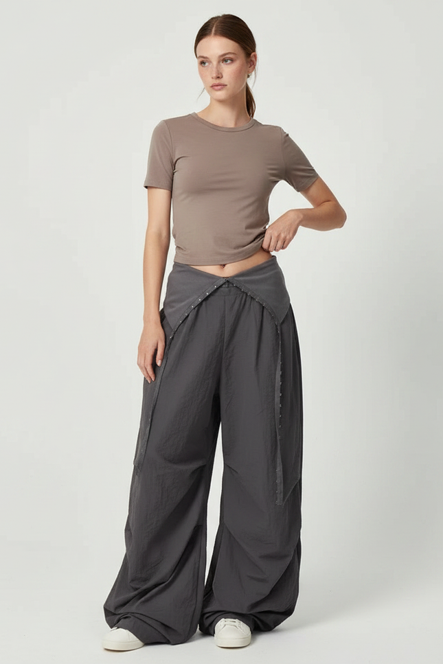 Pantalon Parachute Gris Ample Décontracté Plissé Taille Basse - Polyester
