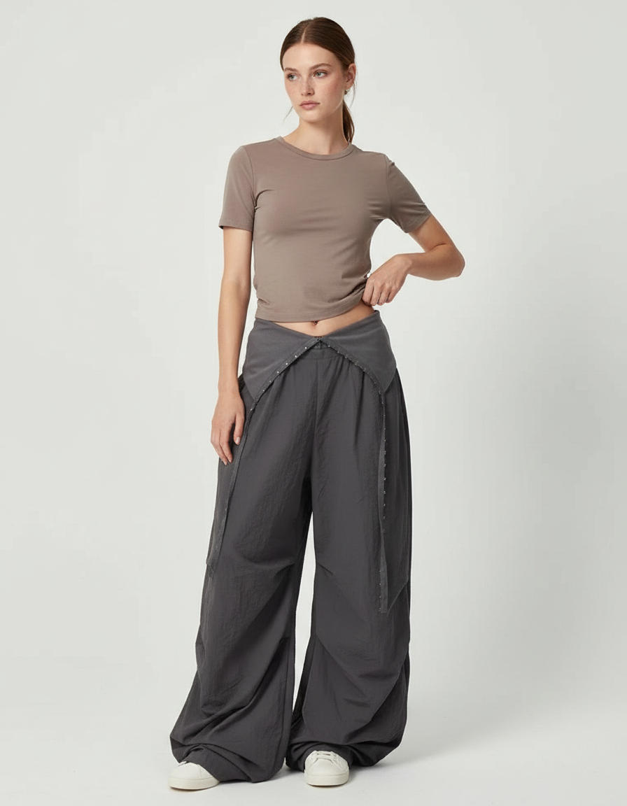 Pantalon Parachute Gris Ample Décontracté Plissé Taille Basse - Polyester