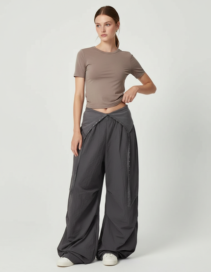 Pantalon Parachute Gris Ample Décontracté Plissé Taille Basse - Polyester
