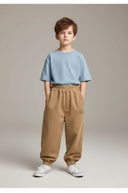 Pantalon Parachute Marron Côtelé Ample Molletonné Garçon - Camel Cordé