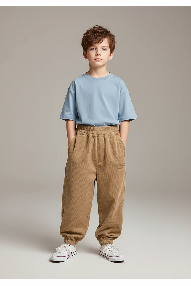 Pantalon Parachute Marron Côtelé Ample Molletonné Garçon - Camel Cordé