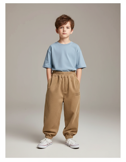 Pantalon Parachute Marron Côtelé Ample Molletonné Garçon - Camel Cordé