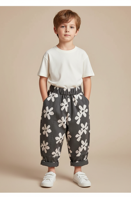 Pantalon Parachute Gris Fleurs Ample Coton Enfant