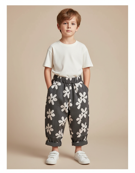 Pantalon Parachute Gris Fleurs Ample Coton Enfant