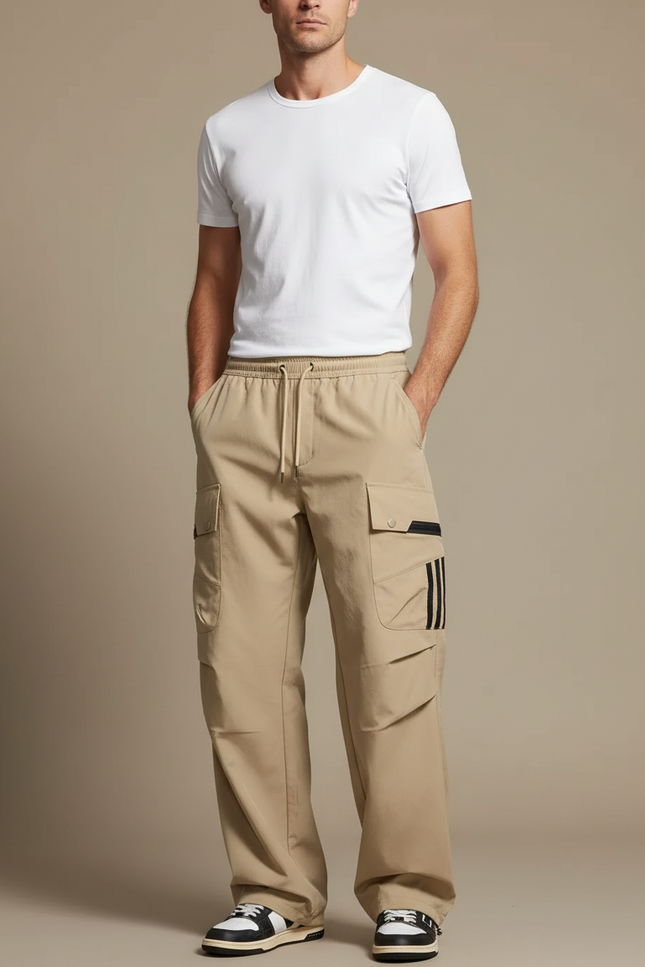 Pantalon Parachute Kaki Ample Cargo Multipoches Homme - Polyester