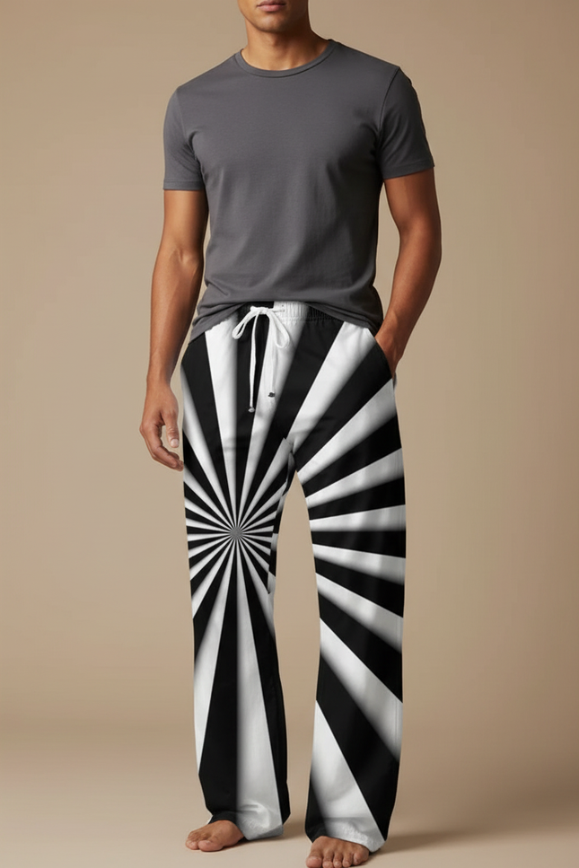 Pantalon Parachute Rayé Noir Blanc Décontracté Homme - Multicolore Polyester