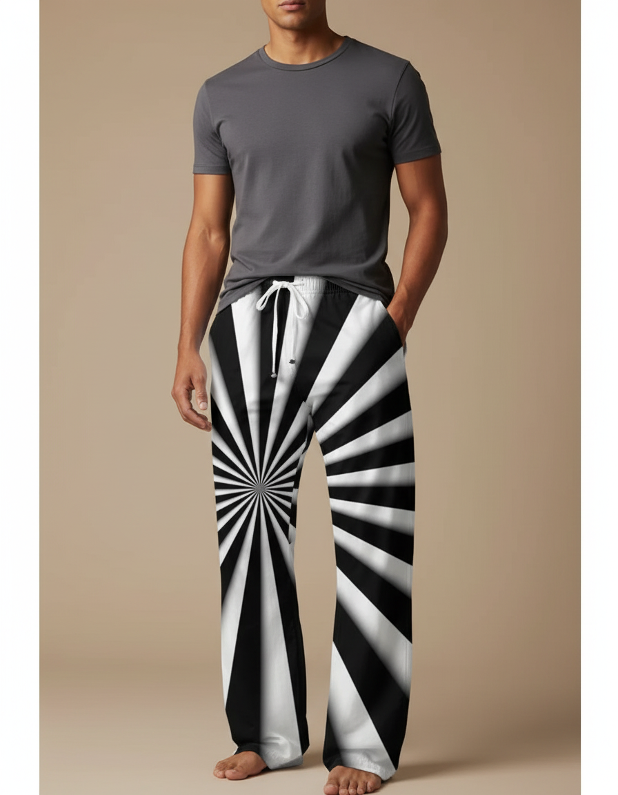 Pantalon Parachute Rayé Noir Blanc Décontracté Homme - Multicolore Polyester