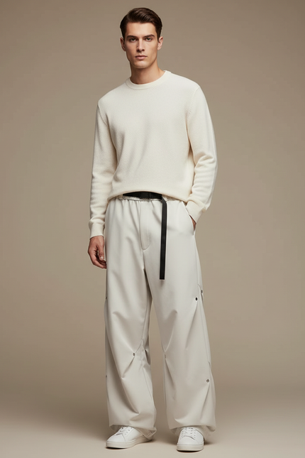 Pantalon Parachute Crème Ample Ceinture Décontracté Homme - Beige Polyester