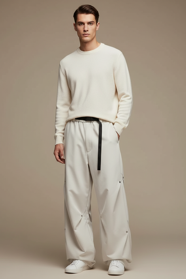 Pantalon Parachute Crème Ample Ceinture Décontracté Homme - Beige Polyester