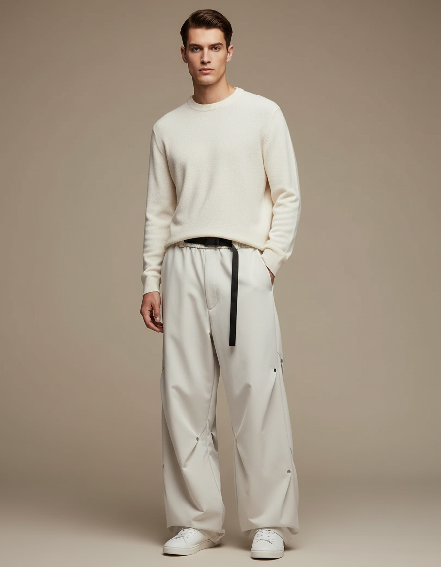 Pantalon Parachute Crème Ample Ceinture Décontracté Homme - Beige Polyester