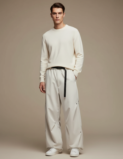 Pantalon Parachute Crème Ample Ceinture Décontracté Homme - Beige Polyester