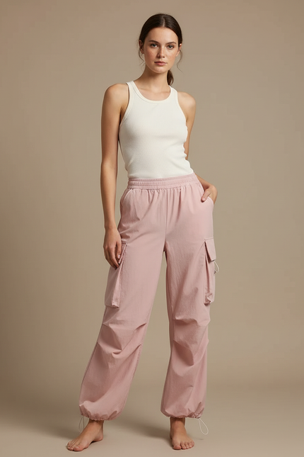 Pantalon Parachute Rose Cargo Ample Tissu Léger Femme - Polyester