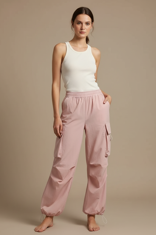 Pantalon Parachute Rose Cargo Ample Tissu Léger Femme - Polyester