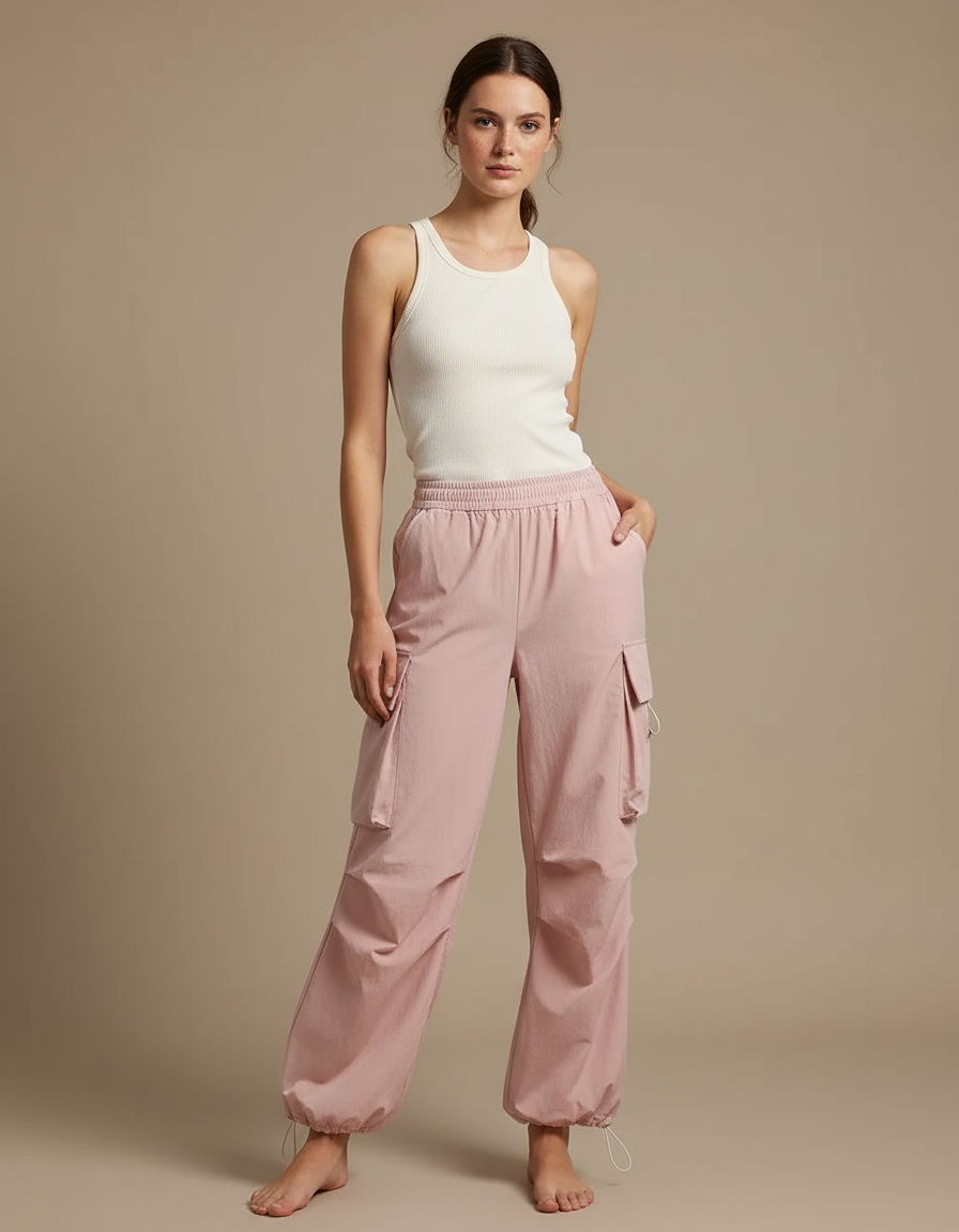 Pantalon Parachute Rose Cargo Ample Tissu Léger Femme - Polyester