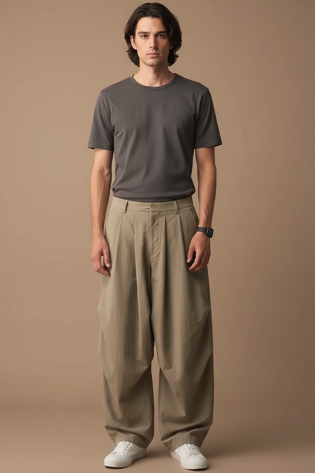 Pantalon Parachute Beige Ample Plissé Décontracté - Toile