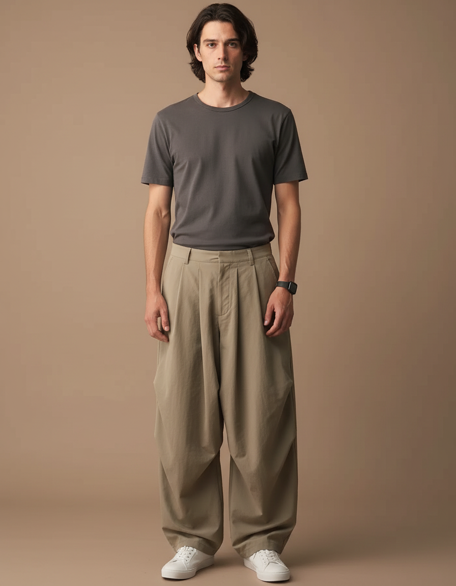Pantalon Parachute Beige Ample Plissé Décontracté - Toile