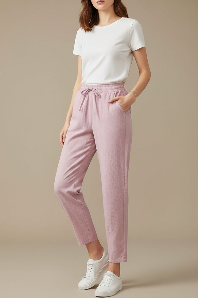 Pantalon Parachute Rose Lin Fluide Casual Femme