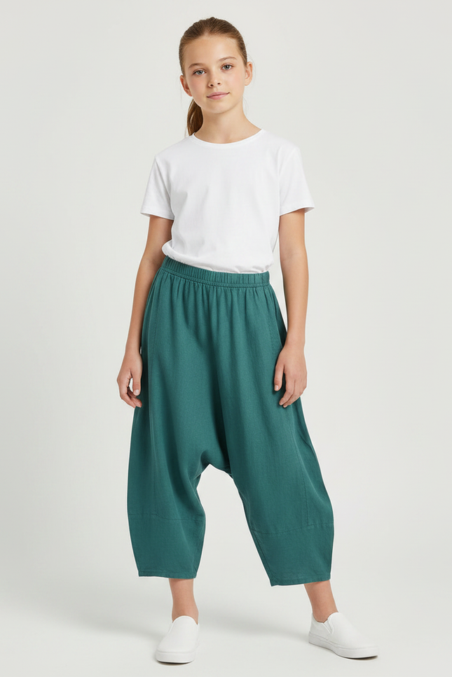 Pantalon Parachute Fille Baggy Toile Streetwear - Vert Lin