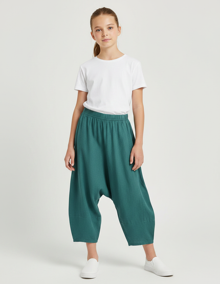 Pantalon Parachute Fille Baggy Toile Streetwear - Vert Lin