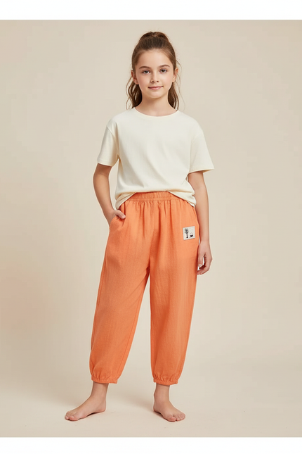 Pantalon Parachute Orange Ample Coton Enfant Décontracté - Lin