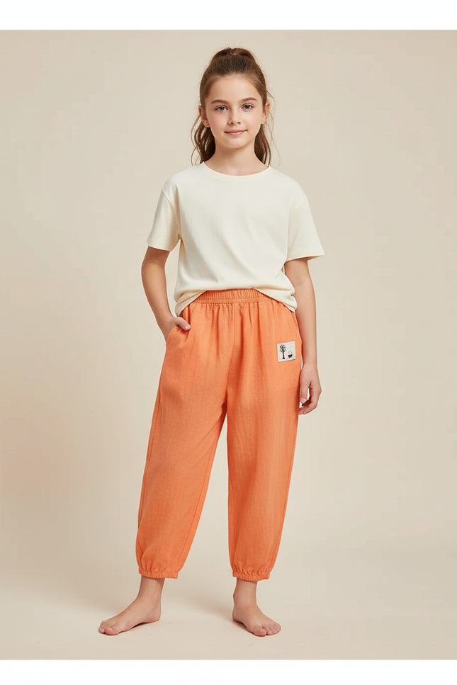 Pantalon Parachute Orange Ample Coton Enfant Décontracté - Lin