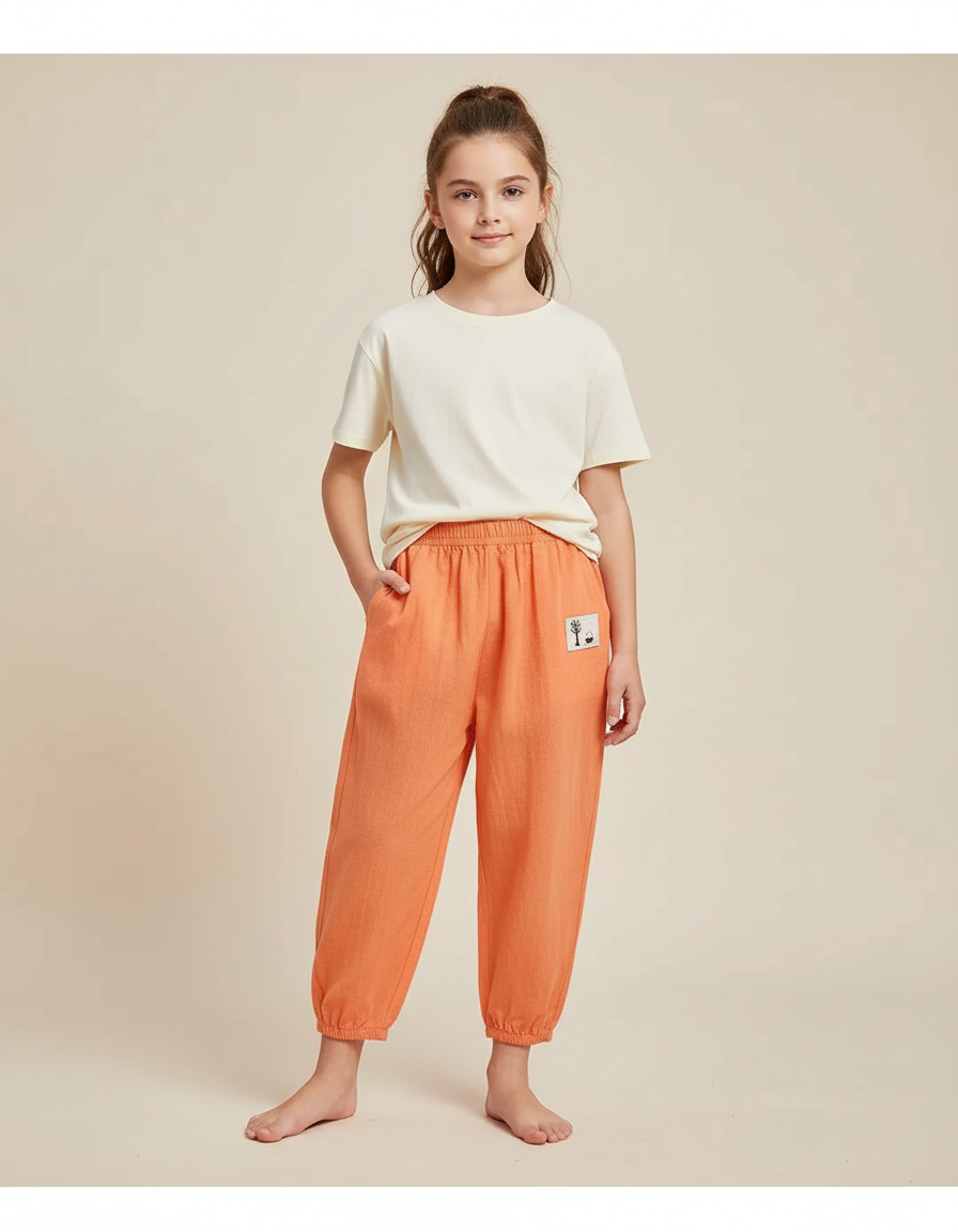 Pantalon Parachute Orange Ample Coton Enfant Décontracté - Lin