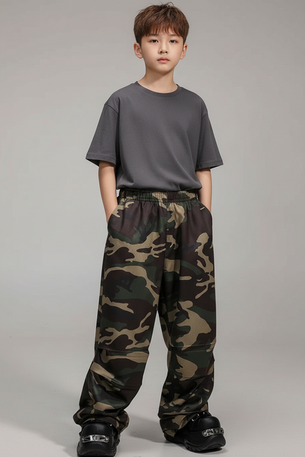 Pantalon Parachute Camouflage Ample Enfant Décontracté - Kaki Polyester