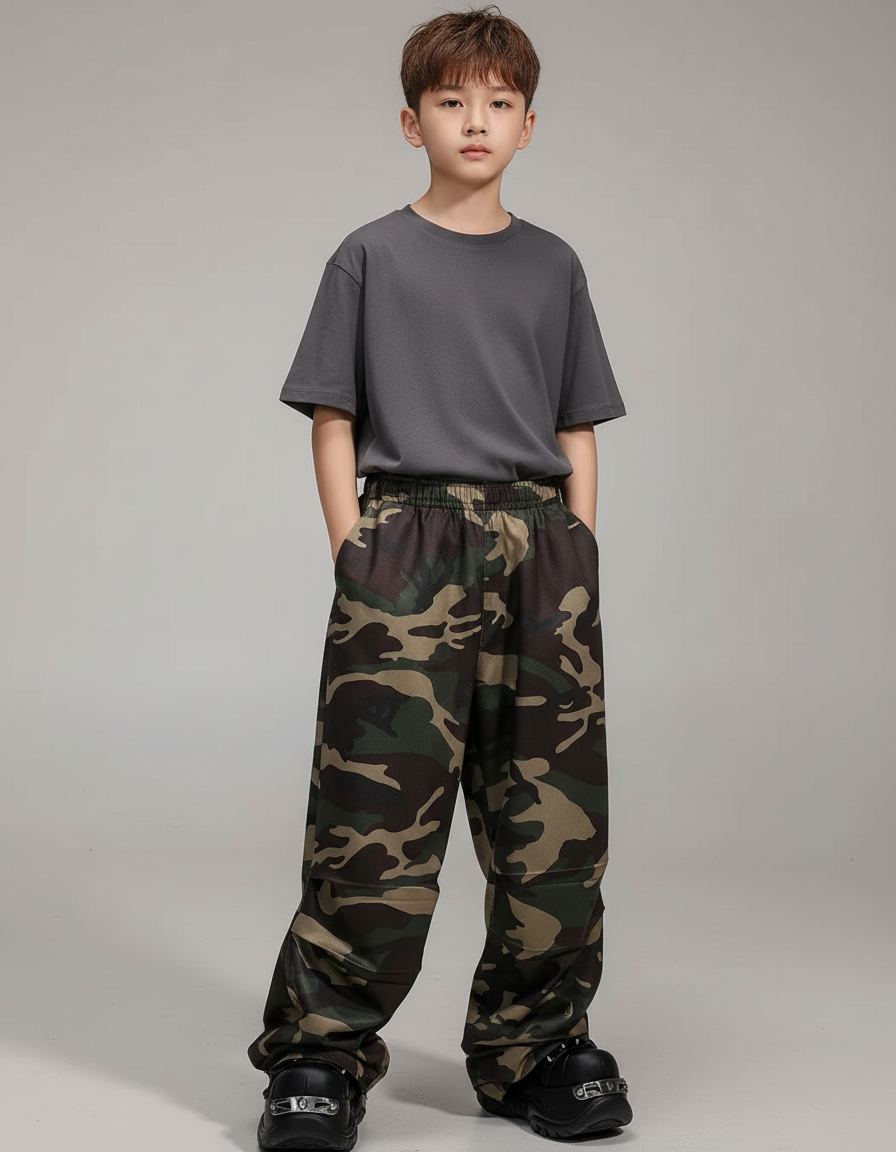 Pantalon Parachute Camouflage Ample Enfant Décontracté - Kaki Polyester