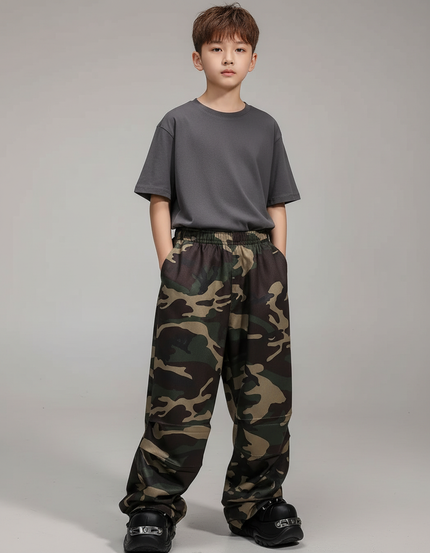 Pantalon Parachute Camouflage Ample Enfant Décontracté - Kaki Polyester