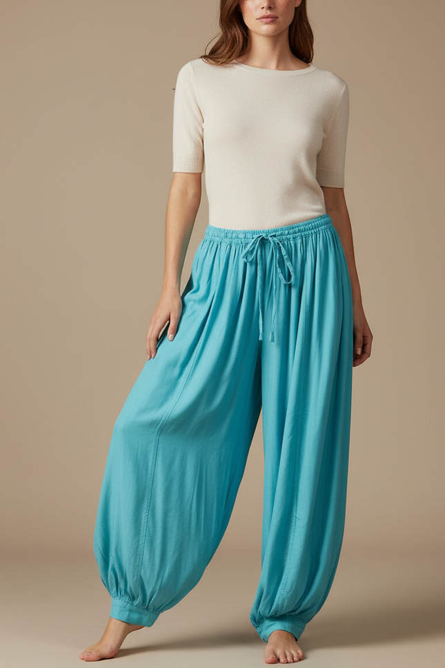 Pantalon Parachute Fluide Ample Cordon Cheville Turquoise - Bleu Viscose