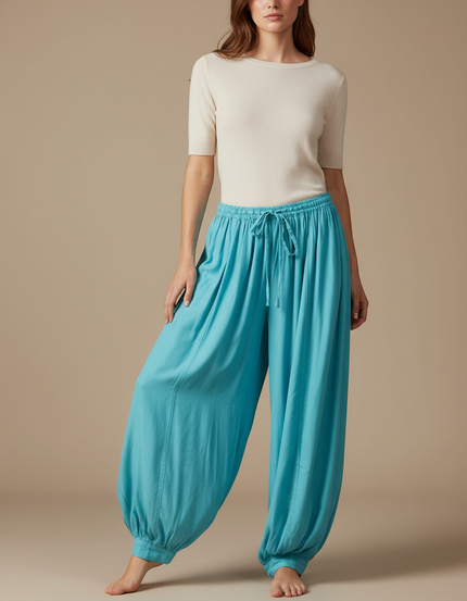 Pantalon Parachute Fluide Ample Cordon Cheville Turquoise - Bleu Viscose