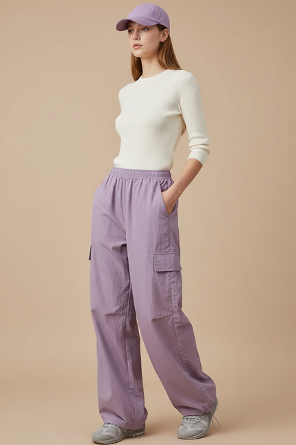 Pantalon Parachute Violet Fluide Cargo Taille Haute - Polyester