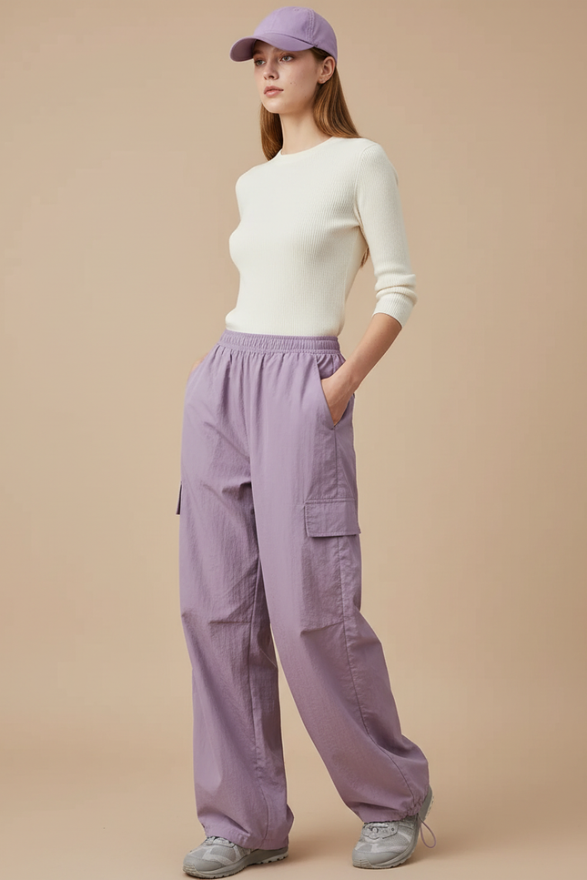 Pantalon Parachute Violet Fluide Cargo Taille Haute - Polyester