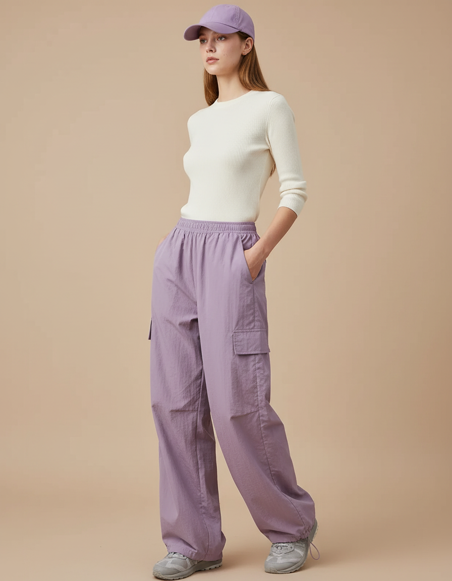 Pantalon Parachute Violet Fluide Cargo Taille Haute - Polyester