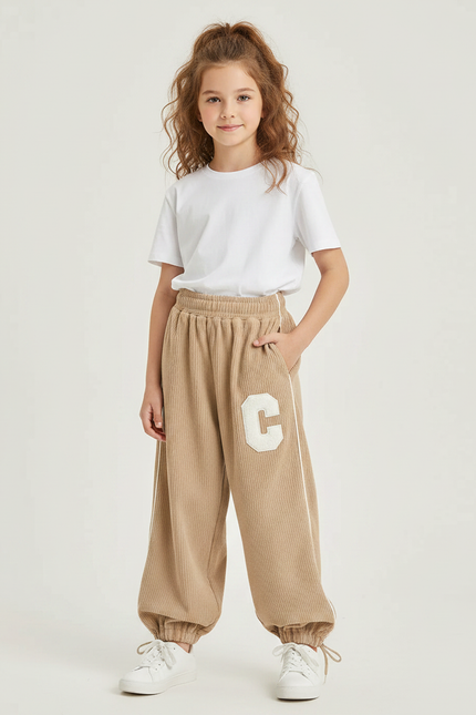 Pantalon Parachute Beige Côtelé Ample Lettre C Fille - Cordé