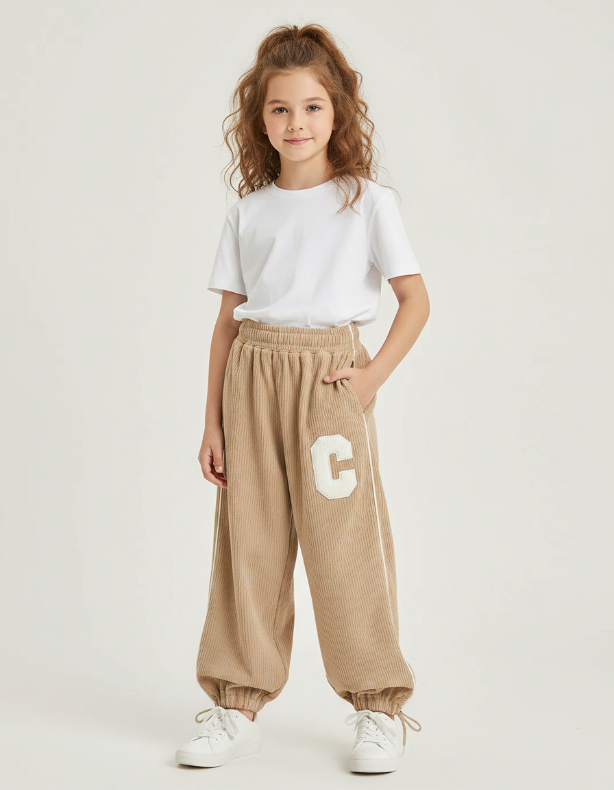 Pantalon Parachute Beige Côtelé Ample Lettre C Fille - Cordé
