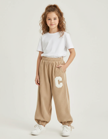 Pantalon Parachute Beige Côtelé Ample Lettre C Fille - Cordé