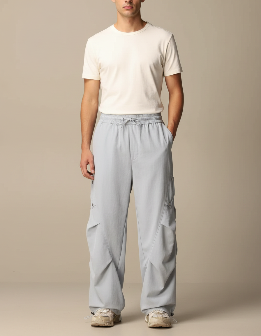 Pantalon Parachute Gris Ample Décontracté Homme Léger - Bleu Polyester