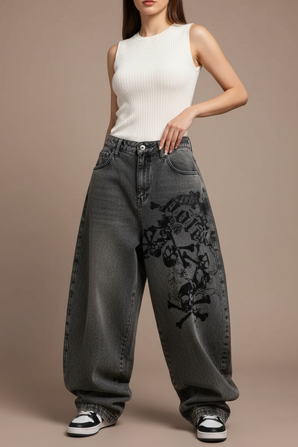 Pantalon Parachute Gris Délavé Ample Crânes Gothique Y2K - Jean