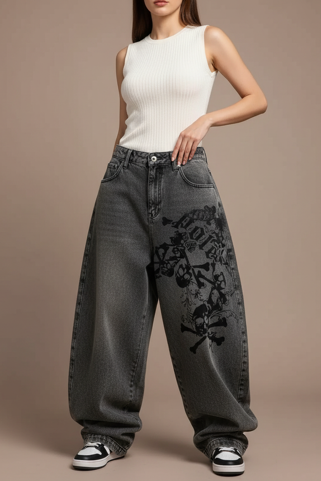 Pantalon Parachute Gris Délavé Ample Crânes Gothique Y2K - Jean