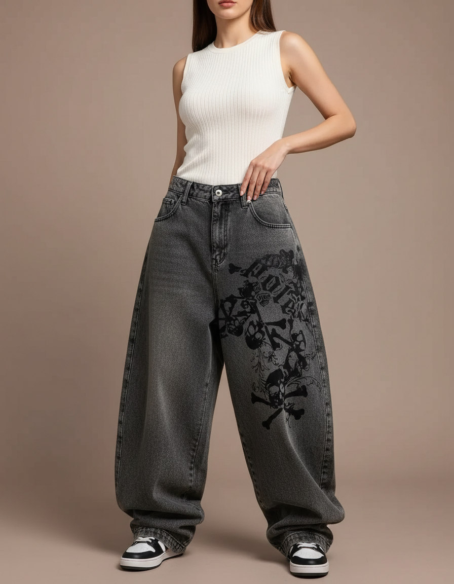 Pantalon Parachute Gris Délavé Ample Crânes Gothique Y2K - Jean